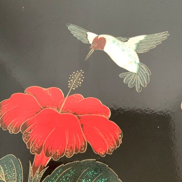 Vintage Black Lacquerware Style Hummingbird Red Hibiscus Plastic Serving Tray - Picture 2 of 9